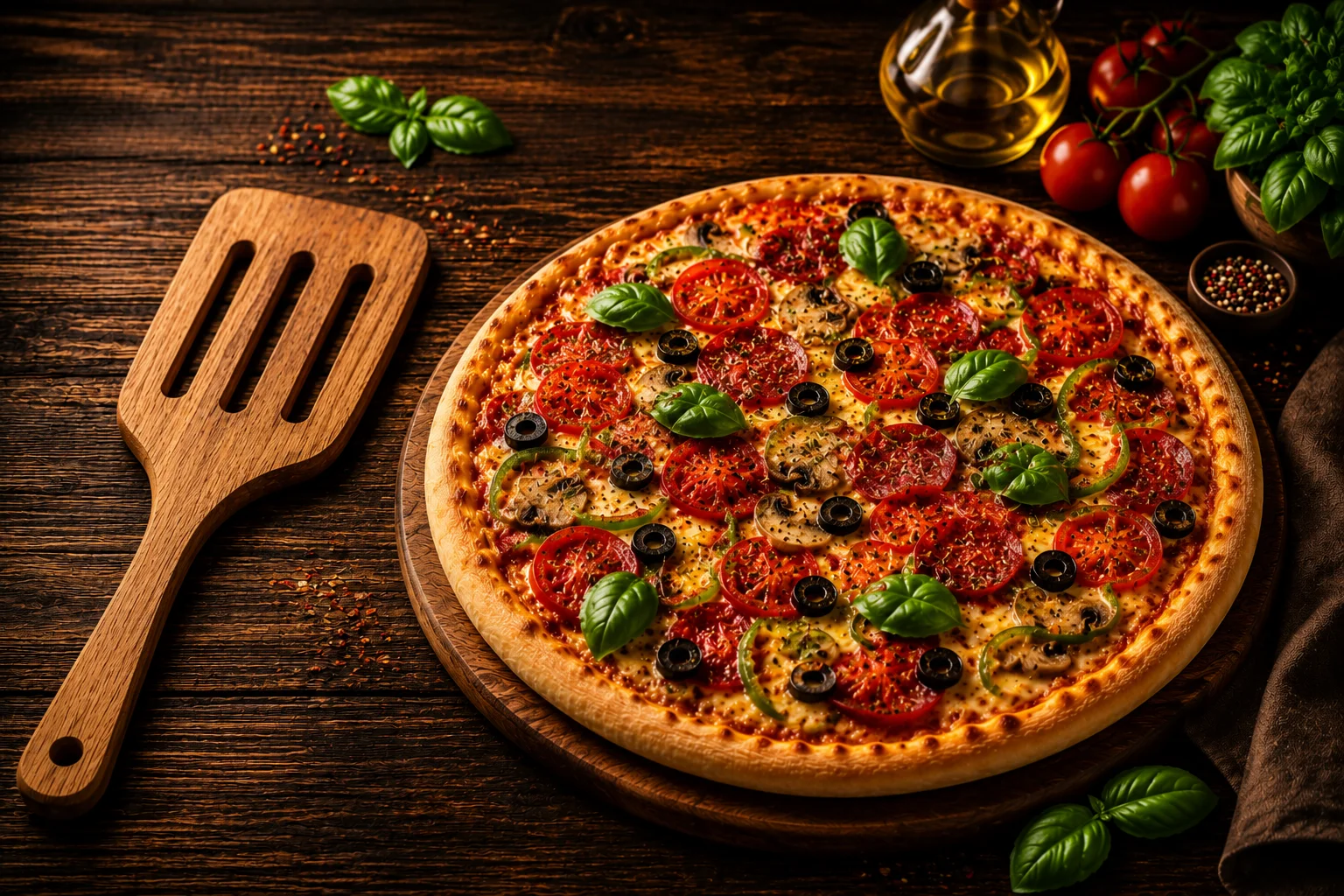 Pizza artesanal com ingredientes selecionados sobre tábua de madeira
